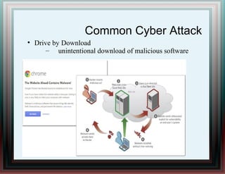 Common Cyber Attack
●
Drive by Download
– unintentional download of malicious software
 