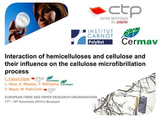 Interaction of hemicelluloses and cellulose and
their influence on the cellulose microfibrillation
process
EUROPEAN FIBRE AND PAPER RESEARCH ORGANISATIONS
17th - 19th November 2015 in Brussels
L. Falcoz-Vigne
L. Heux, K. Mazeau, Y. Nishiyama
V. Meyer, M. Petit-Conil
 