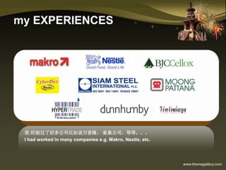 www.themegallery.com
my EXPERIENCES
我 经验过了好多公司比如说万客隆， 雀巢公司，等等。。。
I had worked in many companies e.g. Makro, Nestle, etc.
 