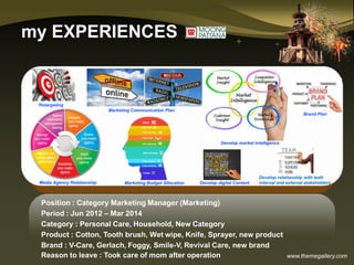 www.themegallery.com
my EXPERIENCES
Position : Category Marketing Manager (Marketing)
Period : Jun 2012 – Mar 2014
Category : Personal Care, Household, New Category
Product : Cotton, Tooth brush, Wet wipe, Knife, Sprayer, new product
Brand : V-Care, Gerlach, Foggy, Smile-V, Revival Care, new brand
Reason to leave : Took care of mom after operation
Media Agency Relationship
Marketing Communication Plan
Develop digital Content
Develop market intelligence
Retargeting
Marketing Budget Allocation
Brand Plan
Develop relationship with both
internal and external stakeholders
 
