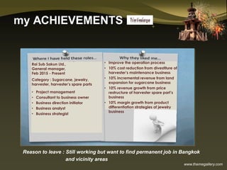 www.themegallery.com
my ACHIEVEMENTS
Reason to leave : Still working but want to find permanent job in Bangkok
and vicinity areas
Rai Sub Sakun Ltd.,
General manager,
Feb 2015 - Present
Category : Sugarcane, jewelry,
harvester, harvester’s spare parts
• Project management
• Consultant to business owner
• Business direction initiator
• Business analyst
• Business strategist
• Improve the operation process
• 10% cost reduction from divestiture of
harvester’s maintenance business
• 10% incremental revenue from land
expansion for sugarcane business
• 10% revenue growth from price
restructure of harvester spare part’s
business
• 10% margin growth from product
differentiation strategies of jewelry
business
 