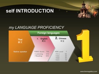 www.themegallery.com
self INTRODUCTION
Thai
泰文
Foreign languages
2. Chinese
中文
1. English
英文
my LANGUAGE PROFICIENCY
HSK Level 7
听力 82
语法 82
阅读 85
综合 70
TOEIC Score 730
Listening 315
Reading 415
Native speaker
 