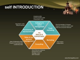 www.themegallery.com
self INTRODUCTION
Negotiation skills
Result-oriented
Good knowledge of shopper
research, consumer panel, retail
audit and consumer behavior
Sales & Marketing Skills
People & Coaching skills
Leadership skills
Team player
Independent
Analytical skills
Communication skills
Presentation skills
Out-of-the box initiatives
Entrepreneur spirit
Strategic vision
Self motivated
Category &
space
management
Sales & key
account
management
Marketing
Consulting
Purchasing &
merchandising
Trade
marketing
my
SKILLS &
EXPERTISES
 