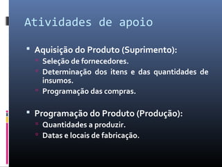 Atividades de apoio
 Aquisição do Produto (Suprimento):
 Seleção de fornecedores.
 Determinação dos itens e das quantidades de
insumos.
 Programação das compras.
 Programação do Produto (Produção):
 Quantidades a produzir.
 Datas e locais de fabricação.
 