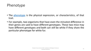 Phenotype
• The phenotype is the physical expression, or characteristics, of that
trait.
• For example, two organisms that have even the minutest difference in
their genes are said to have different genotypes. These two mice may
have different genotypes and both can still be white if they share the
particular phenotype for white fur.
Tanveer Tara Lecturer MLT ,Institute of Biological Sciences
,Sarhad University
35
 