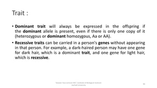 Trait :
• Dominant trait will always be expressed in the offspring if
the dominant allele is present, even if there is only one copy of it
(heterozygous or dominant homozygous, Aa or AA).
• Recessive traits can be carried in a person's genes without appearing
in that person. For example, a dark-haired person may have one gene
for dark hair, which is a dominant trait, and one gene for light hair,
which is recessive.
Tanveer Tara Lecturer MLT ,Institute of Biological Sciences
,Sarhad University
40
 