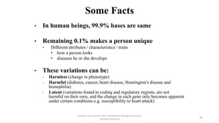 Some Facts
• In human beings, 99.9% bases are same
• Remaining 0.1% makes a person unique
• Different attributes / characteristics / traits
• how a person looks
• diseases he or she develops
• These variations can be:
• Harmless (change in phenotype)
• Harmful (diabetes, cancer, heart disease, Huntington's disease and
hemophilia)
• Latent (variations found in coding and regulatory regions, are not
harmful on their own, and the change in each gene only becomes apparent
under certain conditions e.g. susceptibility to heart attack)
Tanveer Tara Lecturer MLT ,Institute of Biological Sciences
,Sarhad University
48
 