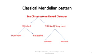 Classical Mendelian pattern
Sex Chromosome Linked Disorder
X-Linked Y-Linked ( Very rare)
Dominant Recessive
Dominant Recessive
Tanveer Tara Lecturer MLT ,Institute of Biological Sciences
,Sarhad University
5
 