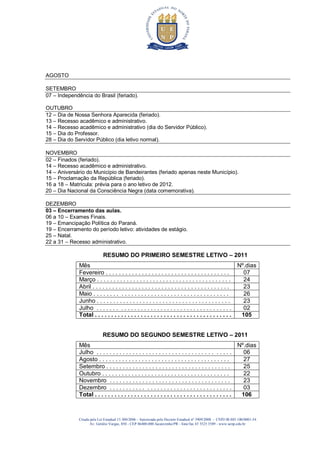 AGOSTO

SETEMBRO
07 – Independência do Brasil (feriado).

OUTUBRO
12 – Dia de Nossa Senhora Aparecida (feriado).
13 – Recesso acadêmico e administrativo.
14 – Recesso acadêmico e administrativo (dia do Servidor Público).
15 – Dia do Professor.
28 – Dia do Servidor Público (dia letivo normal).

NOVEMBRO
02 – Finados (feriado).
14 – Recesso acadêmico e administrativo.
14 – Aniversário do Município de Bandeirantes (feriado apenas neste Município).
15 – Proclamação da República (feriado).
16 a 18 – Matrícula: prévia para o ano letivo de 2012.
20 – Dia Nacional da Consciência Negra (data comemorativa).

DEZEMBRO
03 – Encerramento das aulas.
06 a 10 – Exames Finais.
19 – Emancipação Política do Paraná.
19 – Encerramento do período letivo: atividades de estágio.
25 – Natal.
22 a 31 – Recesso administrativo.

                            RESUMO DO PRIMEIRO SEMESTRE LETIVO – 2011
              Mês                                                                                       Nº.dias
              Fevereiro . . . . . . . . . . . . . . . . . . . . . . . . . . . . . . . . . . . . . .       07
              Março . . . . . . . . . . . . . . . . . . . . . . . . . . . . . . . . . . . . . . . . .     24
              Abril . . . . . . . . . . . . . . . . . . . . . . . . . . . . . . . . . . . . . . . . . .   23
              Maio . . . . . . . . . . . . . . . . . . . . . . . . . . . . . . . . . . . . . . . . .      26
              Junho . . . . . . . . . . . . . . . . . . . . . . . . . . . . . . . . . . . . . . . . .     23
              Julho . . . . . . . . . . . . . . . . . . . . . . . . . . . . . . . . . . . . . . . . .     02
              Total . . . . . . . . . . . . . . . . . . . . . . . . . . . . . . . . . . . . . . . . . .  105


                            RESUMO DO SEGUNDO SEMESTRE LETIVO – 2011
              Mês                                                                                       Nº.dias
              Julho . . . . . . . . . . . . . . . . . . . . . . . . . . . . . . . . . . . . . . . . .     06
              Agosto . . . . . . . . . . . . . . . . . . . . . . . . . . . . . . . . . . . . . . . .      27
              Setembro . . . . . . . . . . . . . . . . . . . . . . . . . . . . . . . . . . . . . .        25
              Outubro . . . . . . . . . . . . . . . . . . . . . . . . . . . . . . . . . . . . . . .       22
              Novembro . . . . . . . . . . . . . . . . . . . . . . . . . . . . . . . . . . . . .          23
              Dezembro . . . . . . . . . . . . . . . . . . . . . . . . . . . . . . . . . . . . .          03
              Total . . . . . . . . . . . . . . . . . . . . . . . . . . . . . . . . . . . . . . . . . .  106



              Criada pela Lei Estadual 15.300/2006 - Autorizada pelo Decreto Estadual no 3909/2008 - CNPJ 08.885.100/0001-54
                     Av. Getúlio Vargas, 850 - CEP 86400-000 Jacarezinho/PR - fone/fax 43 3525 3589 - www.uenp.edu.br
 