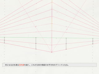  対になる点を通る消失線を描く。これが立体の側面の水平方向のグリッドとなる。
 
