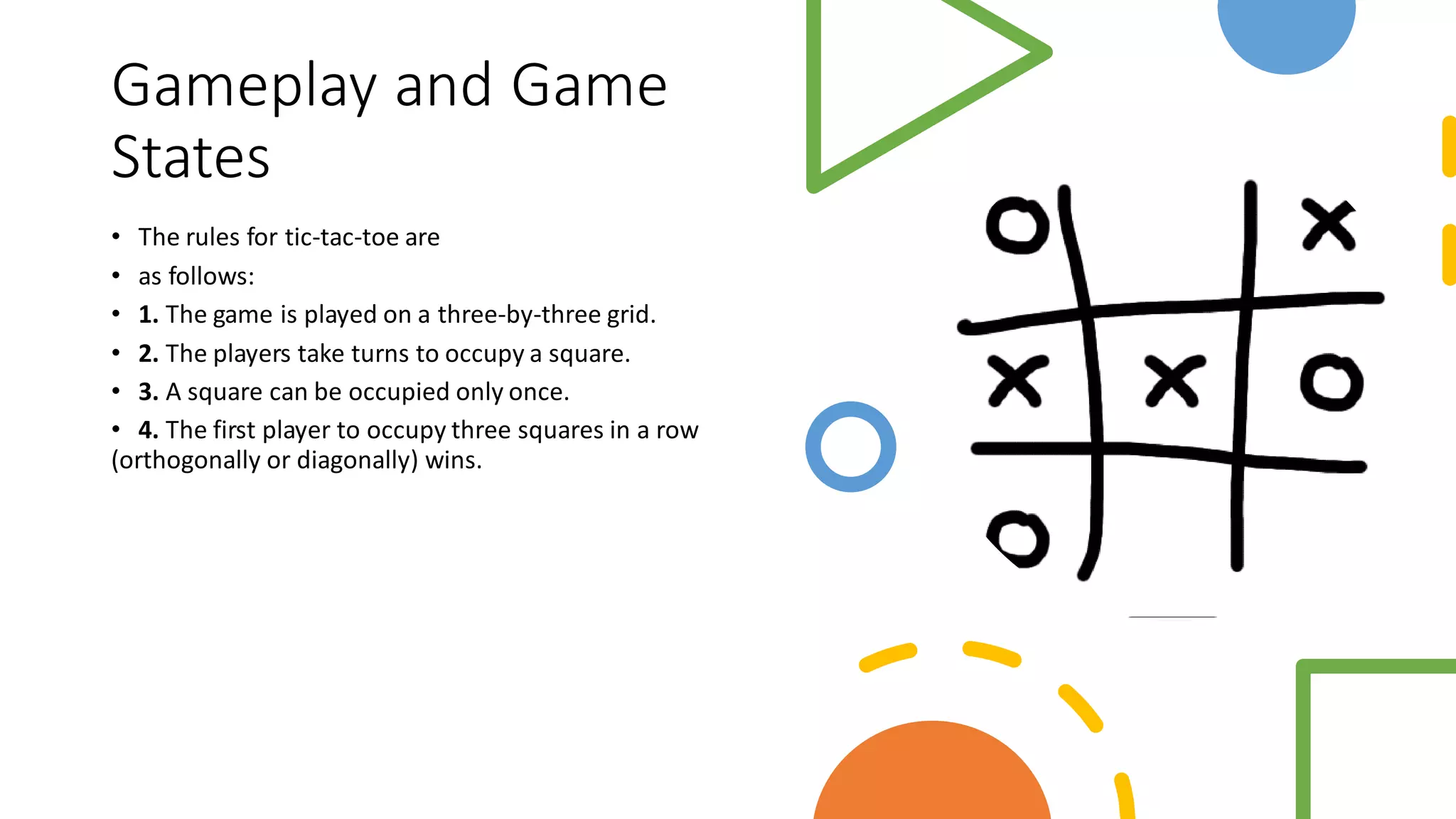Gameplay and Game
States
• The rules for tic-tac-toe are
• as follows:
• 1. The game is played on a three-by-three grid.
• 2. The players take turns to occupy a square.
• 3. A square can be occupied only once.
• 4. The first player to occupy three squares in a row
(orthogonally or diagonally) wins.
 