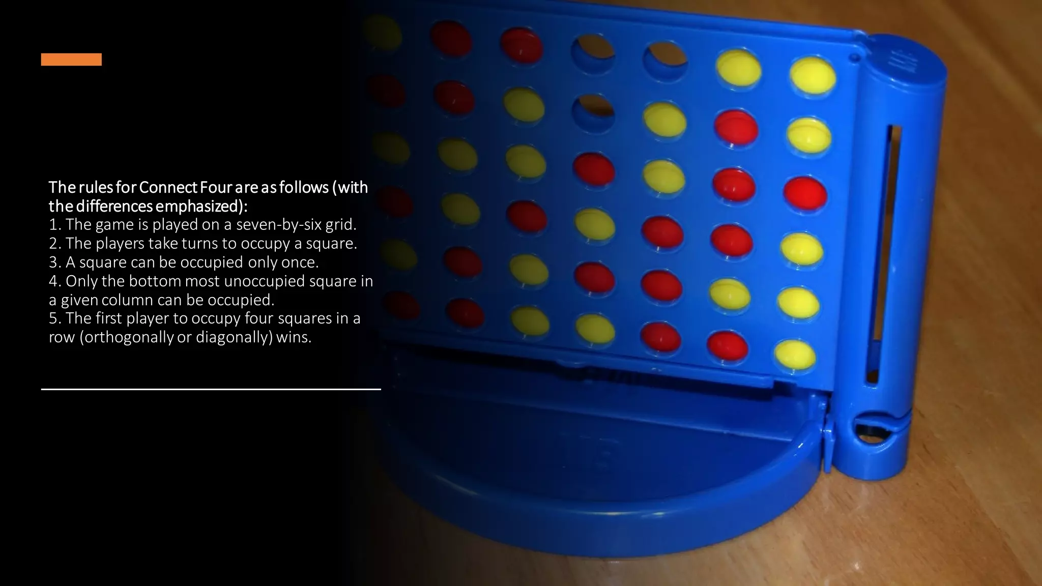 TherulesforConnectFourareasfollows (with
thedifferencesemphasized):
1. The game is played on a seven-by-six grid.
2. The players take turns to occupy a square.
3. A square can be occupied only once.
4. Only the bottom most unoccupied square in
a givencolumn can be occupied.
5. The first player to occupy four squares in a
row (orthogonally or diagonally)wins.
 
