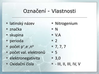 Označení - Vlastnosti
 latinský název
 značka
 skupina
 perioda
 počet p+,e-,no
 počet val. elektronů
 elektronegativita
 Oxidační čísla
 Nitrogenium
 N
 V.A
 2
 7, 7, 7
 5
 3,0
 - III, II, III, IV, V
 