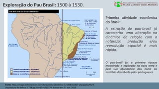 Exploração do Pau Brasil: 1500 à 1530.
Fonte: http://image.slidesharecdn.com/4arquiteturadedefesa-121008182307-phpapp02/95/4-
arquitetura-de-defesa-2-728.jpg?cb=1349720729. Acesso em: 31 out. 2016.
Primeira atividade econômica
do Brasil:
A extração do pau-brasil já
caracteriza uma alteração na
dinâmica da relação com a
natureza: produção e/ou
reprodução espacial é mais
rápida.
O pau-brasil foi a primeira riqueza
encontrada e explorada na nova terra e
pela sua abundância deu nome ao
território descoberto pelos portugueses.
 