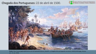 Chegada dos Portugueses: 22 de abril de 1500.
Fonte: http://www.paginadahistoria.com.br/uploads/historia_brasil/4.-a-chegada-dos-portugueses-ao-brasil-1444531043.jpeg. Acesso
em: 31 out. 2016.
 