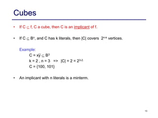 13
Cubes
• If C  f, C a cube, then C is an implicant of f.
• If C  Bn, and C has k literals, then |C| covers 2n-k vertices.
Example:
C = xy  B3
k = 2 , n = 3 => |C| = 2 = 23-2.
C = {100, 101}
• An implicant with n literals is a minterm.
 