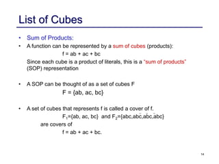 14
List of Cubes
• Sum of Products:
• A function can be represented by a sum of cubes (products):
f = ab + ac + bc
Since each cube is a product of literals, this is a “sum of products”
(SOP) representation
• A SOP can be thought of as a set of cubes F
F = {ab, ac, bc}
• A set of cubes that represents f is called a cover of f.
F1={ab, ac, bc} and F2={abc,abc,abc,abc}
are covers of
f = ab + ac + bc.
 