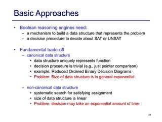28
Basic Approaches
• Boolean reasoning engines need:
– a mechanism to build a data structure that represents the problem
– a decision procedure to decide about SAT or UNSAT
• Fundamental trade-off
– canonical data structure
• data structure uniquely represents function
• decision procedure is trivial (e.g., just pointer comparison)
• example: Reduced Ordered Binary Decision Diagrams
• Problem: Size of data structure is in general exponential
– non-canonical data structure
• systematic search for satisfying assignment
• size of data structure is linear
• Problem: decision may take an exponential amount of time
 