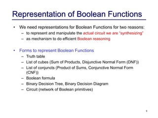 9
Representation of Boolean Functions
• We need representations for Boolean Functions for two reasons:
– to represent and manipulate the actual circuit we are “synthesizing”
– as mechanism to do efficient Boolean reasoning
• Forms to represent Boolean Functions
– Truth table
– List of cubes (Sum of Products, Disjunctive Normal Form (DNF))
– List of conjuncts (Product of Sums, Conjunctive Normal Form
(CNF))
– Boolean formula
– Binary Decision Tree, Binary Decision Diagram
– Circuit (network of Boolean primitives)
 