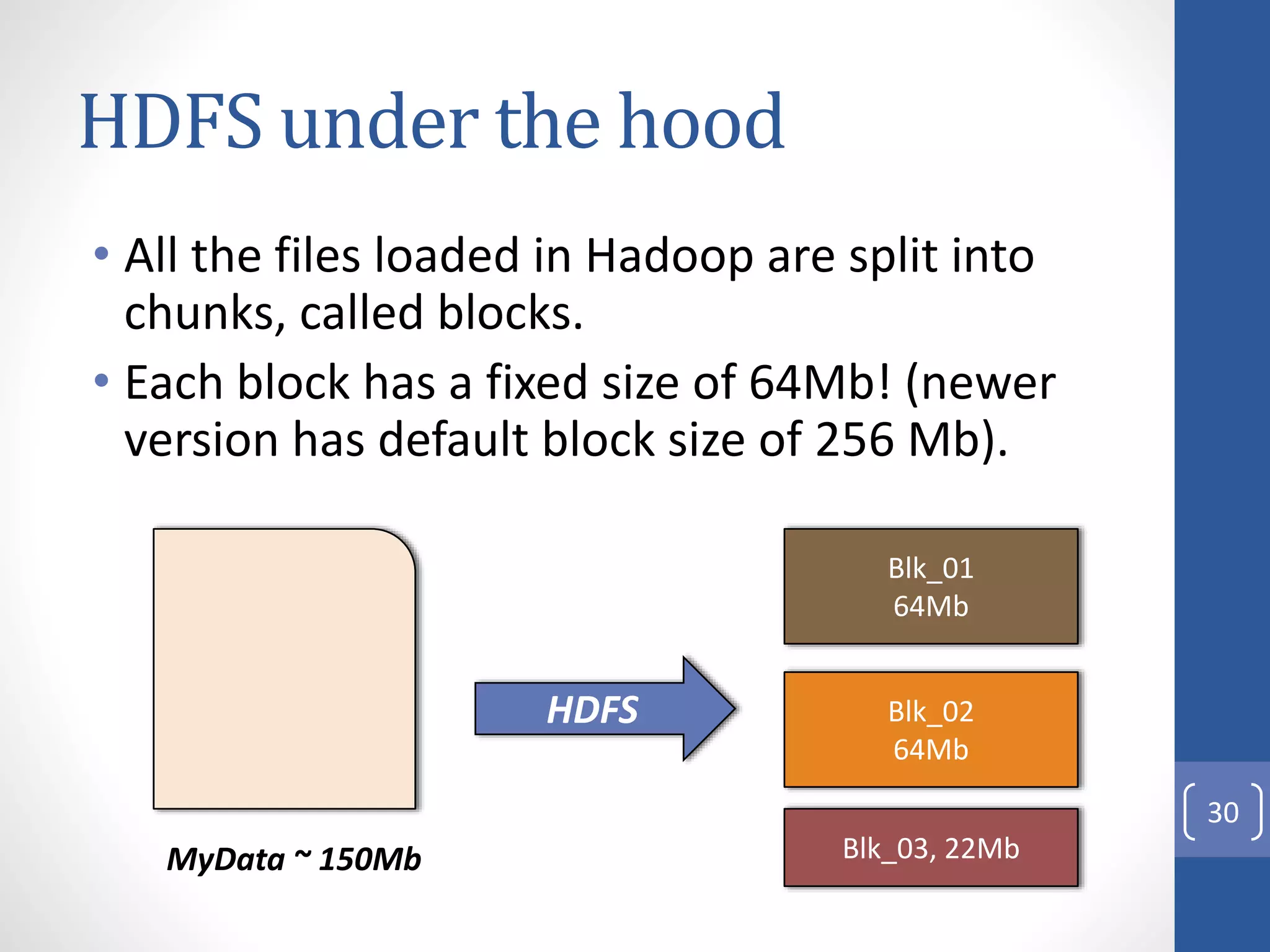 HDFS under the hood
• All the files loaded in Hadoop are split into
chunks, called blocks.
• Each block has a fixed size of 64Mb! (newer
version has default block size of 256 Mb).
MyData ~ 150Mb
HDFS
Blk_01
64Mb
Blk_03, 22Mb
Blk_02
64Mb
30
 