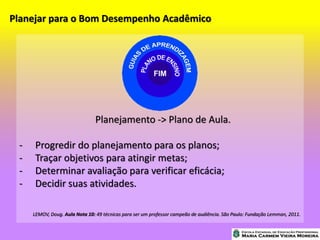 Planejar para o Bom Desempenho Acadêmico
Planejamento -> Plano de Aula.
- Progredir do planejamento para os planos;
- Traçar objetivos para atingir metas;
- Determinar avaliação para verificar eficácia;
- Decidir suas atividades.
LEMOV, Doug. Aula Nota 10: 49 técnicas para ser um professor campeão de audiência. São Paulo: Fundação Lemman, 2011.
 