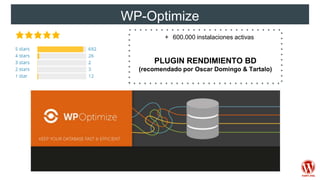 WP-Optimize
+ 600.000 instalaciones activas
PLUGIN RENDIMIENTO BD
(recomendado por Oscar Domingo & Tartalo)
 