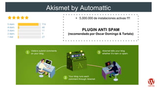 Akismet by Automattic
+ 5,000.000 de instalaciones activas !!!!
PLUGIN ANTI SPAM
(recomendado por Oscar Domingo & Tartalo)
 