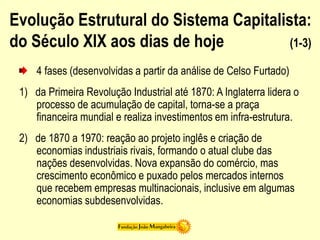 Evolução Estrutural do Sistema Capitalista:
do Século XIX aos dias de hoje (1-3)
4 fases (desenvolvidas a partir da análise de Celso Furtado)
1) da Primeira Revolução Industrial até 1870: A Inglaterra lidera o
processo de acumulação de capital, torna-se a praça
financeira mundial e realiza investimentos em infra-estrutura.
2) de 1870 a 1970: reação ao projeto inglês e criação de
economias industriais rivais, formando o atual clube das
nações desenvolvidas. Nova expansão do comércio, mas
crescimento econômico e puxado pelos mercados internos
que recebem empresas multinacionais, inclusive em algumas
economias subdesenvolvidas.
 