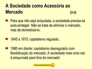A Sociedade como Acessória ao
Mercado (3-3)
Para que não seja aniquilada, a sociedade precisa se
auto-proteger. Não se trata de eliminar o mercado,
mas de domesticá-lo.
1945 a 1973: capitalismo regulado.
1980 em diante: capitalismo desregulado com
flexibilização do mercado. A sociedade mais uma vez
è empurrada para fora do mercado!
 