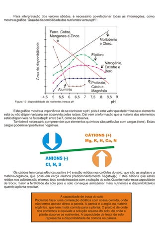 Para interpretação dos valores obtidos, é necessário co-relacionar todas as informações, como
mostra o gráfico “Grau de disponibilidade dos nutrientes versus pH”:


                                                         Ferro, Cobre,
                                                         Manganes e Zinco.
                                                                                         Molibdenio
                                                                                         e Cloro.
                         Grau de disponibilidade



                                                                                   Fósforo

                                                                                             Nitrogênio,
                                                                                             Enxofre e
                                                                                             Boro


                                                                                   Potássio,
                                                                                   Cácio e
                                                              Alumínio             Magnésio
                                                   4,5    5   5,5   6    6,5   7   7,5   8    8,5 9
        Figura 10 disponibilidade de nutrientes versus pH                                        pH

       Este gráfico mostra a importância de se conhecer o pH, pois é este valor que determina se o elemento
está ou não disponível para ser absorvido pelas raízes. Daí vem a informação que a maioria dos elementos
estão disponíveis na faixa de pH entre 6 e 7, como se observa.
       Também é necessário compreender que elementos químicos são partículas com cargas (íons). Estas
cargas podem ser positivas e negativas.


                                                                               CÁTIONS (+)
                                                                               Mg, K, H, Ca, N



                                                    ANIONS (-)
                                                    CI, N, S
       Os cátions tem carga elétrica positiva (+) e estão retidos nos colóides do solo, que são as argilas e a
matéria-orgânica, que possuem carga elétrica predominantemente negativa(-). Estes cátions que estão
retidos nos colóides são o tempo todo sendo trocados com a solução do solo. Quanto maior essa capacidade
de troca, maior a fertilidade do solo pois o solo consegue armazenar mais nutrientes e disponibilizá-los
quando a planta precisar.


                                          A capacidade de troca do solo
                        Podemos fazer uma correlação didática com nossa comida, onde
                        não temos acesso direto a panela. A panela é a argila ou matéria
                        orgânica, que tem muita comida para a planta. O prato é de onde
                         nos comemos e equivale a solução aquosa do solo, de onde a
                           planta absorve os nutrientes. A capacidade de troca do solo
                                representa a disponibilidade de comida na panela.
 