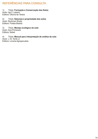 REFERÊNCIAS PARA CONSULTA

1)     Título: Formação e Conservação dos Solos
Autor: Igo F. Lepsch
Editora: Oficina de Textos

2)     Título: Natureza e propriedade dos solos
Autor: Buckman Brady
Editora: Freitas Bastos

3)     Título: Manejo ecológico do solo
Autor: Ana Primavesi
Editora: Nobel

4)     Título: Manual para interpretação de análise de solo
Autor: J. B. Tomé Jr.
Editora: Livraria Agropecuária




                                                              14
 