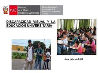 DISCAPACIDAD VISUAL Y LA
EDUCACIÓN UNIVERSITARIA




                           Lima, julio de 2012
 