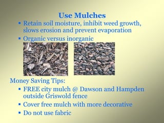 Use Mulches
   Retain soil moisture, inhibit weed growth,
    slows erosion and prevent evaporation
   Organic versus inorganic




Money Saving Tips:
   FREE city mulch @ D
           it     l h Dawson and H
                                 d Hampdend
    outside Griswold fence
   Cover free mulch with more decorative
   Do not use fabric
 