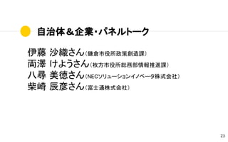 自治体＆企業・パネルトーク
23
伊藤 沙織さん（鎌倉市役所政策創造課）
両澤 けようさん（枚方市役所総務部情報推進課）
八尋 美徳さん（NECソリューションイノベータ株式会社）
柴崎 辰彦さん（富士通株式会社）
 