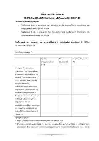 42
ΠΑΡΑΡΤΗΜΑ ΤΗΣ ΔΗΛΩΣΗΣ
ΥΠΟΛΟΓΙΣΜΟΣ ΓΙΑ ΣΥΝΕΡΓΑΖΟΜΕΝΗ ή ΣΥΝΔΕΔΕΜΕΝΗ ΕΠΙΧΕΙΡΗΣΗ
Επισυναπτόμενα παραρτήματα
− Παράρτημα Α εάν η επιχείρηση έχει τουλάχιστον μία συνεργαζόμενη επιχείρηση (και
ενδεχόμενα συμπληρωματικά δελτία)
− Παράρτημα Β εάν η επιχείρηση έχει τουλάχιστον μία συνδεδεμένη επιχείρηση (και
ενδεχόμενα συμπληρωματικά δελτία)
Υπολογισμός των στοιχείων για συνεργαζόμενη ή συνδεδεμένη επιχείρηση (1) (βλέπε
επεξηγηματικό σημείωμα)
Περίοδος αναφοράς (2):
Αριθμός
απασχολουμένων
(ΕΜΕ)
Κύκλος
εργασιών (*)
Σύνολο ισολογισμού
(*)
1. Στοιχεία (2) της αιτούσας
επιχείρησης ή των ενοποιημένων
λογαριασμών (μεταφορά από τον
πίνακα Β(1) του παραρτήματος Β (3)
2. Κατ’ αναλογία συγκεντρωτικά
στοιχεία (2) όλων των
(ενδεχομένων) συνεργαζόμενων
επιχειρήσεων (μεταφορά από τον
πίνακα Α του παραρτήματος Α)
3. Άθροισμα στοιχείων (2) όλων των
(ενδεχομένων) συνδεδεμένων
επιχειρήσεων που δεν
περιλαμβάνονται βάσει ενοποίησης
στη γραμμή [μεταφορά από τον
πίνακα Β(2) του παραρτήματος Β]
Σύνολο (4)
(*) σε χιλιάδες ευρώ.
(1) Άρθρο 6, παράγραφοι 2 και 3 του Παραρτήματος Ι του ΕΚ 800/2008.
(2) Όλα τα στοιχεία πρέπει να αφορούν την τελευταία κλεισμένη διαχειριστική χρήση και να υπολογίζονται σε
ετήσια βάση. Στην περίπτωση νεοσύστατων επιχειρήσεων, τα στοιχεία που λαμβάνονται υπόψη πρέπει
 