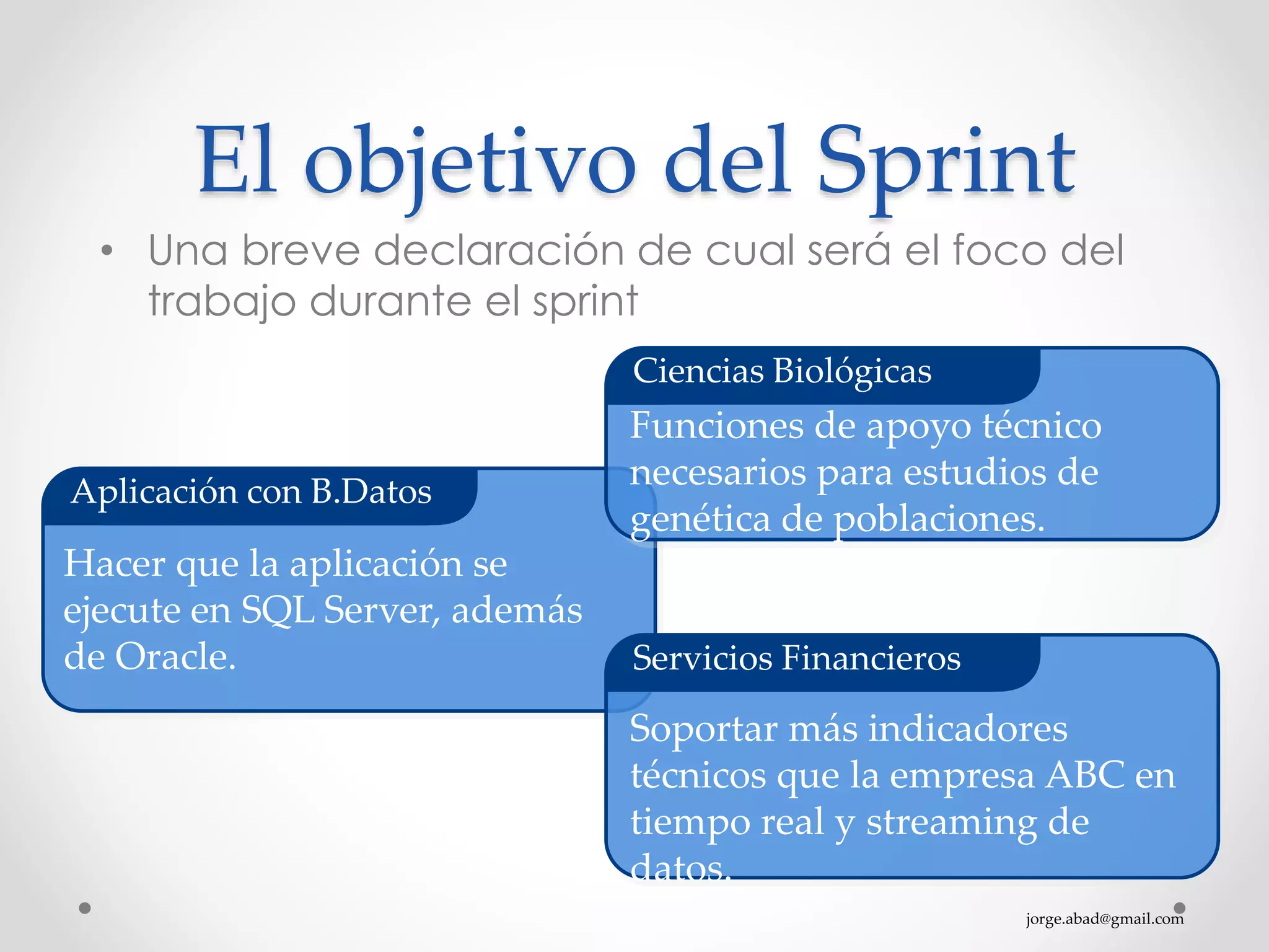 jorge.abad@gmail.com
El objetivo del Sprint
• Una breve declaración de cual será el foco del
trabajo durante el sprint
Aplicación con B.Datos
Servicios Financieros
Ciencias Biológicas
Funciones de apoyo técnico
necesarios para estudios de
genética de poblaciones.
Soportar más indicadores
técnicos que la empresa ABC en
tiempo real y streaming de
datos.
Hacer que la aplicación se
ejecute en SQL Server, además
de Oracle.
 