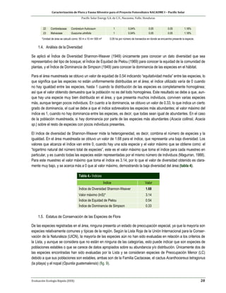 Caracterización de Flora y Fauna Silvestre para el Proyecto Fotovoltaico NACAOME I – Pacific Solar
Pacific Solar Energy S.A. de C.V., Nacaome, Valle; Honduras
Evaluación Ecología Rápida (EER) 20
22 Combretaceae Combretum fruticosum 1 0.04% 0.05 0.05 1.18%
23 Malvaceae Guazuma ulmifolia 1 0.04% 0.05 0.05 1.18%
*Unidad de área se calculó como: 50 m x 10 m= 500 m² 0.05 ha por número de transectos en donde se encuentra presente la especie.
1.4. Análisis de la Diversidad
Se aplicó el Índice de Diversidad Shannon-Weaver (1949) únicamente para conocer un dato diversidad que sea
representativo del tipo de bosque; el Índice de Equidad de Pielou (1969) para conocer la equidad de la comunidad de
plantas, y el Índice de Dominancia de Simpson (1949) para conocer la dominancia de las especies en el hábitat.
Para el área muestreada se obtuvo un valor de equidad de 0.54 indicando “equitatividad media” entre las especies, lo
que significa que las especies no están uniformemente distribuidas en el área; el índice utilizado varía de 0 cuando
no hay igualdad entre las especies, hasta 1 cuando la distribución de las especies es completamente homogénea;
así que el valor obtenido demuestra que la población no es del todo homogénea. Este resultado se debe a que, aun-
que hay una especie muy bien distribuida en el área, y que presenta muchos individuos, conviven varias especies
más, aunque tengan pocos individuos. En cuanto a la dominancia, se obtuvo un valor de 0.33, lo que indica un cierto
grado de dominancia, el cual se debe a que el índice sobrevalora las especies más abundantes; el valor máximo del
índice es 1, cuando no hay dominancia entre las especies, es decir, que todas sean igual de abundantes. En el caso
de la población muestreada, si hay dominancia por parte de las especies más abundantes (Acacia collinsii, Acacia
sp.) sobre el resto de especies con pocos individuos presentes.
El índice de diversidad de Shannon-Weaver mide la heterogeneidad, es decir, combina el número de especies y la
igualdad. En el área muestreada se obtuvo un valor de 1.68 para el índice, que representa una baja diversidad. Los
valores que alcanza el índice van entre 0, cuando hay una sola especie y el valor máximo que se obtiene como: el
“logaritmo natural del número total de especies”, este es el valor máximo que toma el índice para cada muestreo en
particular, y es cuando todas las especies están representadas por el mismo número de individuos (Magurran, 1988).
Para este muestreo el valor máximo que toma el índice es 3.14, por lo que el valor de diversidad obtenido es clara-
mente muy bajo, y se acerca más a 0 que al valor máximo, demostrando la baja diversidad del área (tabla 4).
Tabla 4.- Índices
Índice Valor
Índice de Diversidad Shannon-Weaver 1.68
Valor máximo (lnS)* 3.14
Índice de Equidad de Pielou 0.54
Índice de Dominancia de Simpson 0.33
1.5. Estatus de Conservación de las Especies de Flora
De las especies registradas en el área, ninguna presenta un estado de preocupación especial, ya que la mayoría son
especies relativamente comunes y típicas de la región. Según la Lista Roja de la Unión Internacional para la Conser-
vación de la Naturaleza (UICN), la mayoría de las especies aún no han sido evaluadas en relación a los criterios de
la Lista, y aunque se considera que no están en ninguna de las categorías, esto puede indicar que son especies de
poblaciones estables o que se carece de datos apropiados sobre su abundancia y/o distribución. Únicamente dos de
las especies encontradas han sido evaluadas por la Lista y se consideran especies de Preocupación Menor (LC)
debido a que sus poblaciones son estables, ambas son de la Familia Cactaceae, el cactus Acanthocereus tetragonus
(la pitaya) y el nopal (Opuntia guatemalensis) (fig. 9).
 