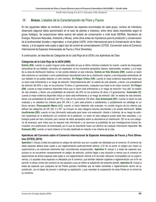 Caracterización de Flora y Fauna Silvestre para el Proyecto Fotovoltaico NACAOME I – Pacific Solar
Pacific Solar Energy S.A. de C.V., Nacaome, Valle; Honduras
Evaluación Ecología Rápida (EER) 36
IX. Anexo. Listados de la Caracterización de Flora y Fauna
En las siguientes tablas se nombran y enumeran las especies encontradas de cada grupo, número de individuos
observado (algunos datos aproximados en el caso de plantas e insectos), entre otros datos importantes según el
grupo biológico. Se proporcionan datos acerca del estado de conservación a nivel local (SERNA, Secretaría de
Energía, Recursos Naturales, Ambiente y Minas), entre otros entes de importancia para la protección y conservación
de la biodiversidad (locales o regionales), a nivel global (UICN, Unión Internacional para la Conservación de la Natu-
raleza), y si la especie está sujeta a algún tipo de control de comercialización (CITES, Convención sobre el Comercio
Internacional de Especies Amenazadas de Fauna y Flora Silvestres).
A continuación, se describe las Categorías de la Lista Roja de la UICN y los Apéndices de Cites:
Categorías de la Lista Roja de la UICN (2000)
Extinto (EX): cuando no queda ninguna duda razonable de que el último individuo existente ha muerto, cuando las búsquedas
exhaustivas de sus hábitats, conocidos y/o esperados, en los momentos apropiados (diarios, estacionales, anuales), y a lo largo
de su área de distribución histórica, no han podido detectar un solo individuo. Extinto en Vida Silvestre (EW): cuando un taxón
sólo sobrevive en cautividad o como población(es) naturalizada fuera de su distribución original, y las búsquedas exhaustivas de
sus hábitats no ha podido detectar un solo individuo. En Peligro Crítico (CR): cuando la mejor evidencia disponible indica que
un taxón está enfrentando a un riesgo de extinción “extremadamente alto” en estado de vida silvestre, y tienen una probabilidad
de extinción del 50% o más, en los próximos 10 años o 3 generaciones, cualquiera que fuese la de mayor duración. En Peligro
(EN): cuando la mejor evidencia disponible indica que un taxón está enfrentando a un riesgo de extinción “muy alto” en estado
de vida silvestre, y tienen una probabilidad de extinción del 20% en los próximos 20 años o 5 generaciones. Vulnerable (V):
cuando la mejor evidencia disponible indica un taxón está enfrentando a un riesgo de extinción “alto” en estado de vida silvestre,
tienen una probabilidad de extinción del 10% o más en los próximos 100 años. Casi Amenazado (NT): cuando un taxón ha sido
evaluado y no satisface los criterios para CR, EN o V, pero está próximo a satisfacerlos, o posiblemente los satisfaga en un
futuro cercano. Preocupación Menor (LC): cuando un taxón habiendo sido evaluado, no cumple ninguno de los criterios que
definen las categorías de CR, EN, V o NT; se incluyen en esta categoría taxones abundantes y de amplia distribución. Datos
Insuficientes (DD): cuando no hay información adecuada para hacer una evaluación, directa o indirecta, de su riesgo de extin-
ción basándose en la distribución y/o condición de la población, un taxón en esta categoría puede estar bien estudiado, y su
biología puede ser bien conocida, pero carecer de datos apropiados sobre su abundancia y/o distribución. DD no es una catego-
ría de amenaza, pero indica que se requiere más información y se reconoce la posibilidad de que investigaciones futuras de-
muestren una clasificación de amenazada; por lo que es importante hacer uso efectivo de cualquier información disponible. No
Evaluado (NE): cuando un taxón todavía no ha sido clasificado en relación a los criterios de la Lista.
Apéndices del Convenio sobre el Comercio Internacional de Especies Amenazadas de Fauna y Flora Silves-
tres (CITES) (2010)
Apéndice I: incluye a todas las especies en peligro de extinción que son o pueden ser afectadas por el comercio. El comercio de
estas especies deberá estar sujeto a una reglamentación particularmente estricta, a fin de no poner en peligro aún mayor su
supervivencia y se autorizará solamente bajo circunstancias excepcionales. Apéndice II: incluye i) a todas las especies que,
aunque no se encuentran necesariamente en peligro de extinción, podrían llegar a esa situación a menos que el comercio en
especímenes de dichas especies esté sujeto a una reglamentación estricta a fin de evitar utilización incompatible con su supervi-
vencia; y ii) aquellas otras especies no afectadas por el comercio, que también deberán sujetarse a reglamentación con el fin de
permitir un eficaz control del comercio en las especies a que se refiere el subpárrafo del presente párrafo. Apéndice III: incluye a
todas las especies que cualquiera de las Partes (países) manifieste que se hallan sometidas a reglamentación dentro de su
jurisdicción, con el objeto de prevenir o restringir su explotación, y que necesitan la cooperación de otras Partes en el control de
su comercio.
 