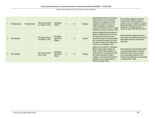 Caracterización de Flora y Fauna Silvestre para el Proyecto Fotovoltaico NACAOME I – Pacific Solar
Pacific Solar Energy S.A. de C.V., Nacaome, Valle; Honduras
Evaluación Ecología Rápida (EER) 47
7 Phyllostomidae Desmodontinae
Desmodus rotundus
(É. Geoffroy, 1810)
Murciélago
vampiro
3 LC Ninguno
Desde México hacia el sur a través de
América Central, por gran parte de
Sudamérica a Uruguay, el norte de
Argentina y centro de Chile, en las
Indias Occidentales, murciélagos
vampiro se encuentran sólo en Trinidad
(Greenhall, Joermann y Schmidt, 1983)
Son mamíferos gregarios variando el
número de sus colonias de algunos
cuantos a 300, por lo regular. En circuns-
tancias especiales, donde el alimento es
abundante y el abrigo adecuado, su
número es mayor (Villa Ramírez, 2007).
8 Mormoopidae
Pteronotus persona-
tus (Wagner, 1843)
Murciélago
bigotudo de
Wagner
1 LC Ninguno
Desde las regiones más tropicales de
México a América del Sur por el norte
de Venezuela, Guyana, Surinam y
Guayana francesa, noroeste de Colom-
bia, y a través de Ecuador, Perú, Boli-
via y Brasil, hasta el sur de Mato Gros-
so (De la Torre y Medellín, 2010).
Selvas tropicales a bosques secos de
hoja caduca, pero también se asocia con
tierras bajas del trópico bosque semi-
caducifolio.
9 Mormoopidae
Pteronotus parnellii
(Gray, 1843)
Murciélago
bigotudo de
Parnell
2 LC Ninguno
Desde el sur de Sonora y Tamaulipas,
México y tierras bajas costeras del
Golfo, en toda América Central y en
América del Sur, a lo largo de la costa
del Caribe (incluyendo Trinidad y
Tobago) y en la cuenca del Amazonas
de Brasil; y se encuentra hasta los
3000 msnm (Herd, 1983).
Se encuentra en zonas húmedas, áridas
o en tierras bajas costeras. Se puede
encontrar durante en día en cuevas y
minas, pero prefiere posarse en las
cámaras más amplias de cuevas grandes
y húmedas (Herd, 1983).
 