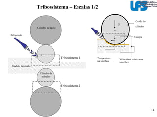 Exemplo Variáveis que afetam o desgaste num sistema tribológico 1/2 Variáveis Operacionais  {X} Força de laminação Velocidade relativa barra/cilindro Temperatura da chapa Temperatura do cilindro Tempo (Distância) de contato Estrutura do Sistema  {S} A = Elementos Corpo (cilindro)‏ Contra corpo (barra)‏ Carepa Óxido do cilindro Água/óleo Ar/Gases P = Propriedades Durezas Rigidez Viscosidade R = Relações Dureza do óxido cilidro/dureza carepa Saídas – Perdas  {Z} Energia de atrito Potencia  Calor  Ruído Vibração Desgaste Mudança geometria produto Saídas Úteis  {Y} Movimento Energia Materiais Geometria do produto Óxido do cilindro Carepa + F Velocidade relativa na interface Temperatura na interface 