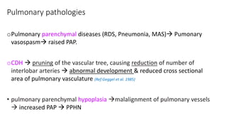 Pulmonary pathologies
oPulmonary parenchymal diseases (RDS, Pneumonia, MAS) Pumonary
vasospasm raised PAP.
oCDH  pruning of the vascular tree, causing reduction of number of
interlobar arteries  abnormal development & reduced cross sectional
area of pulmonary vasculature (Ref:Geggel et al. 1985)
• pulmonary parenchymal hypoplasia malalignment of pulmonary vessels
 increased PAP  PPHN
 