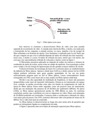 Fig 1 – Fibra óptica com casca
Isso motivou os cientistas a desenvolverem fibras de vidro com uma camada
separada de revestimento de vidro. A camada mais interna da fibra, o núcleo, era usada para
a transmissão da luz, enquanto a camada externa, ou casca, impedia a luz de escapar da
fibra refletindo-a na fronteira do núcleo. Esse fenômeno é explicado pela Lei de Snell, que
diz que o ângulo em que a luz é refletida depende do índice de refração dos dois materiais –
nesse caso, o núcleo e a casca. O índice de refração da casca, menor que o do núcleo, faz
com que a luz seja totalmente refletida de volta para o núcleo, como na figura 1.
O fibroscópio encontrou aplicação na inspeção de soldas em reatores e câmaras de
combustão de motor de aviões, assim como no campo da medicina. Essa tecnologia evoluiu
com o tempo e fez da cirurgia de laparoscopia um dos grandes avanços médicos do século.
O desenvolvimento da tecnologia de lasers foi o próximo passo no estabelecimento
da indústria de fibras ópticas. Apenas o diodo laser (LD) ou o diodo emissor de luz (LED)
tinham potência suficiente para gerar grandes quantidades de luz em um ponto
suficientemente pequeno para ser útil às fibras ópticas. Lasers semicondutores foram
conseguidos em 1962; esses lasers são os mais usados em fibras ópticas ainda hoje.
Devido à sua alta capacidade de modulação de freqüência, os lasers não passaram
despercebidos como meio de transmitir informações. Pensou-se na transmissão em espaço
livre, contudo, as perdas envolvidas eram altas em função do comprimento de onda da
época.As fibras ópticas foram então sugeridas como um possível meio de transmissão,
desde que sua atenuação não passasse de 20 decibéis por quilômetro (dB/km). Na época
(1966), as fibras ópticas apresentavam perdas de 1000 dB/km ou mais. Os cientistas
concluíram, porém, que o problema era com as impurezas no vidro; fibras com atenuação
de 20 dB/km poderiam ser construídas. Começou então a corrida para a obtenção de vidros
com maior grau de pureza. Em 1970, cientistas obtiveram vidro com perdas de menos de 20
dB/km. Era o vidro mais puro já construído.
As fibras ópticas se desenvolveram ao longo dos anos numa série de gerações que
podem ser intimamente ligadas ao comprimento de onda.
A figura 2 apresenta uma curva típica de atenuação espectral para fibras ópticas.
 