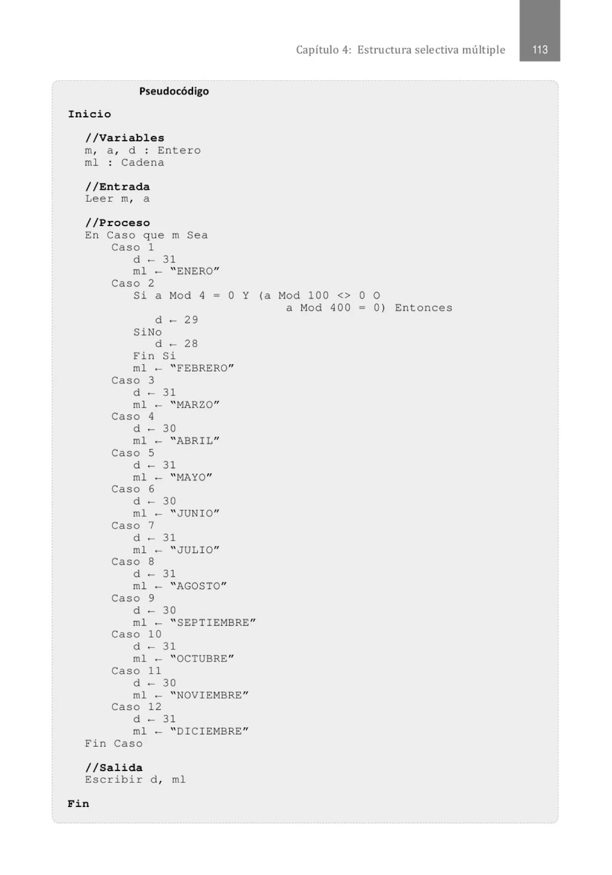 Pseudocódigo
Inicio
//Variables
m, a , d : Enter o
ml : Cadena
//Entrada
Leer m, a
//Proceso
En Caso q ue m Sea
Caso 1
d - 31
ml - "ENERO"
Caso 2
Capítulo 4: Estructura selectiva múltiple
Si a Mod 4 = O Y (a Mod 100 <> O O
d - 29
SiNo
d - 28
Fin Si
ml - "FEBRERO"
Caso 3
d - 31
ml - "MARZO"
Caso 4
d - 30
ml - "ABRIL"
Caso 5
d - 31
ml - "MAYO"
Caso 6
d - 30
ml - "JUNIO"
Caso 7
d - 31
ml - "JULIO"
Caso 8
d - 31
ml - "AGOSTO"
Caso 9
d - 30
ml - ''SEPTIEMBRE"
Caso 10
d - 31
ml - "OCTUBRE"
caso 11
d - 30
m1 - "NOVI EMBRE"
Caso 12
d - 3 1
ml - ''DICIEMBRE''
F i n Caso
1/Salida
Escribir d , ml
Fin
a Mod 400 = 0) Entonces
 