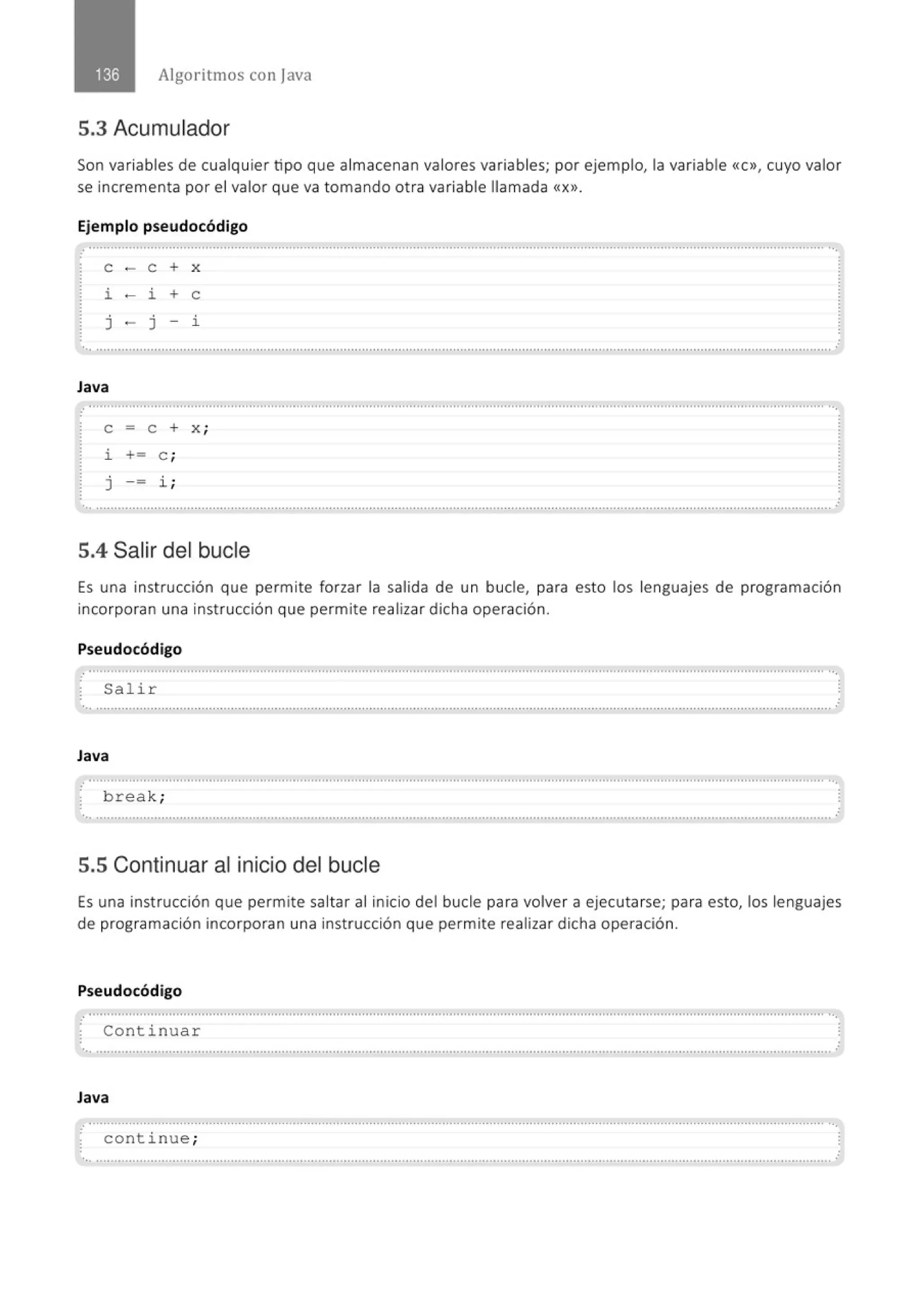 Algoritmos con java
5.3 Acumulador
Son variables de cualquier tipo que almacenan valores variables; por ejemplo, la variable «c», cuyo valor
se incrementa por el valor que va tomando otra variable llamada «X>>.
Ejemplo pseudocódigo
........................................................................................................................................................................................................... ...
e -e + X
i - i + e
J -J - l.
.
Java
.............................................., ...............................................................................................................................................................
e = e + x ;
i += e ;
j - = i ;
... .......................................................................................................................................................................................................... .
5.4 Salir del bucle
Es una instrucción que permite forzar la salida de un bucle, para esto los lenguajes de programación
incorporan una instrucción que permite realizar dicha operación.
Pseudocódigo
Sal i r
.. .......................................................................................................................................................................................................... .
Java
.............................................................................................................................................................................................................
break ;
... .......................................................................................................................................................................................................... ..
5.5 Continuar al inicio del bucle
Es una instrucción que permite saltar al inicio del bucle para volver a ejecutarse; para esto, los lenguajes
de programación incorporan una instrucción que permite realizar dicha operación.
Pseudocódigo
.......................................................................................................................................................................................................... ··.
Continuar
'•· .......................................................................................................................................................................................................... .
Java
.' .......................................................................................................................................................................................................... ...
eontinue ;
 