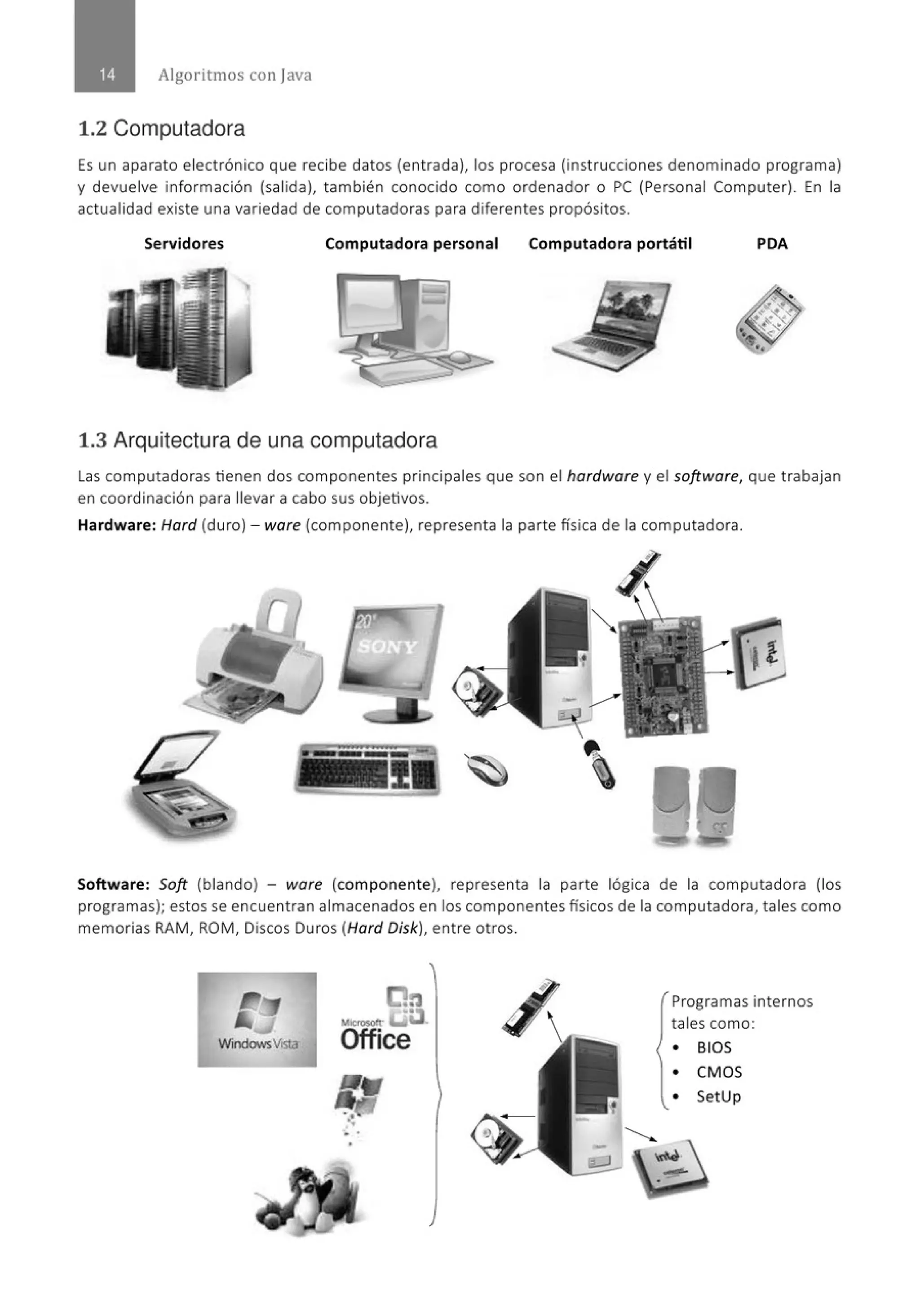 Algoritmos con java
1.2 Computadora
Es un aparato electrónico que recibe datos (entrada), los procesa (instrucciones denominado programa)
y devuelve información (salida), también conocido como ordenador o PC (Personal Computer). En la
actualidad existe una variedad de computadoras para diferentes propósitos.
Servidores Computadora personal Computadora portátil PDA
1.3 Arquitectura de una computadora
Las computadoras tienen dos componentes principales que son el hardware y el software, que trabajan
en coordinación para llevar a cabo sus objetivos.
Hardware: Hard (duro) - ware (componente), representa la parte física de la computadora.

Software: 5oft (blando) - ware (componente), representa la parte lógica de la computadora (los
programas); estos se encuentran almacenados en los componentes físicos de la computadora, tales como
memorias RAM, ROM, Discos Duros (Hard Disk), entre otros.
0:3
.....
M_........
Office
WindowsVISto
. .
Programas internos
tales como:
• BIOS
• CMOS
• SetUp
 