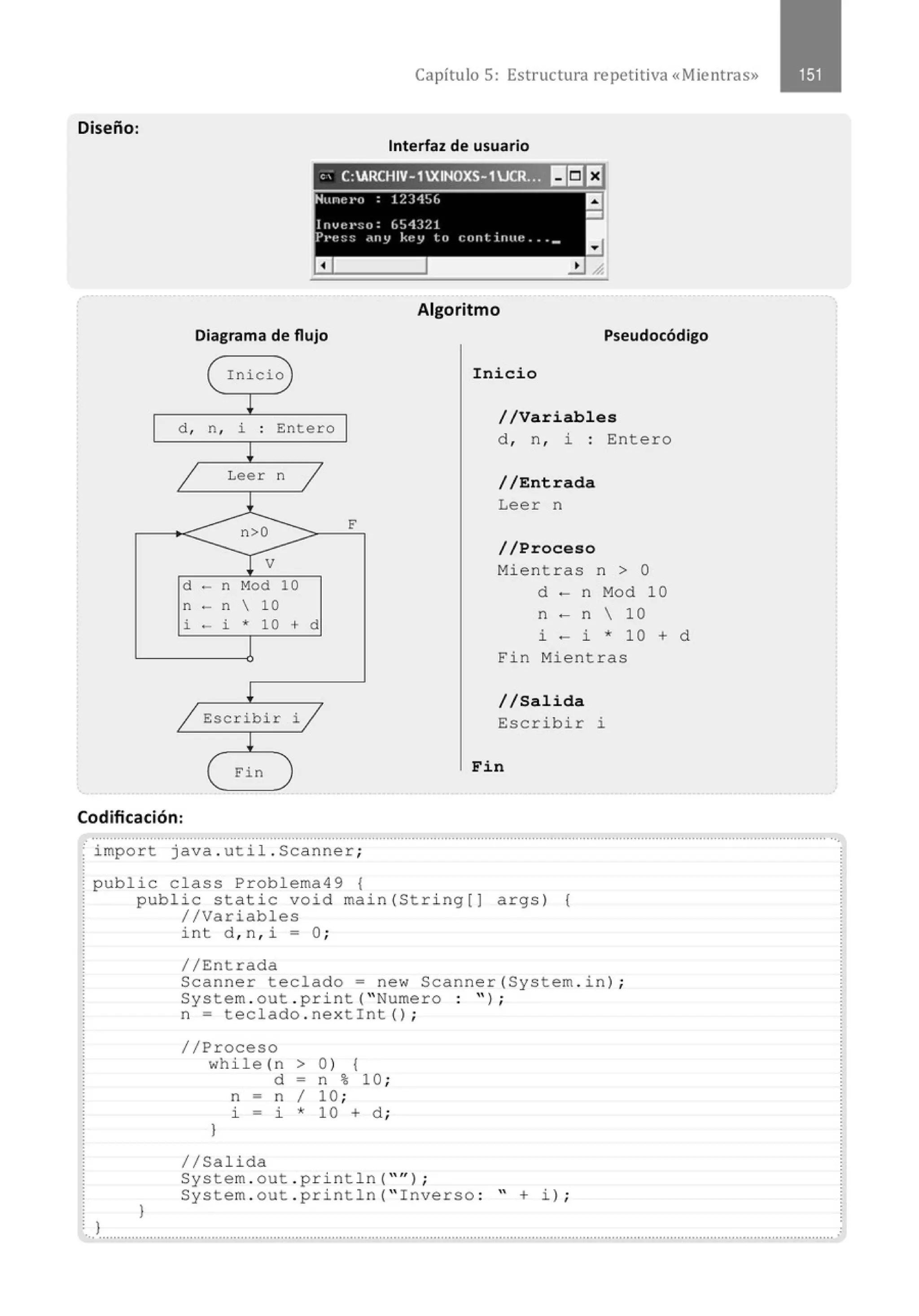 Diseño:
Capítulo 5: Estructura re petitiva «Mientras»
Interfaz de usuario
'' C:ARCHIV-1XINOXS-1UCR., II!:J f:l
Diagrama de flujo
( Inicio }
¡
d , n, i . Entero
.
l
1 Leer n
1
l
n>O
1 v
d - n Mod 10
n - n  10
i - i * 10 + d
1
¡
/ Escribir i /
l
( E"in }
E"
Algoritmo
Pseudocódigo
Inicio
//Variables
d , n , i : Entero
//Entrada
Leer n
//Proceso
Mientras n > O
d - n Mod 10
n - n  10
i - i * 10 + d
l"in Mientras
//Salida
Escribir i
Fin
Codificación:
, ·i;;;¡;·~-~ t····j·~·~·~·~-·~·t·i1·~··s·~~·~·~~·~·;-··································································································································
pub1ic c1ass Prob1ema49 {
public static void main(String[J args) {
//Variables
}
int d , n , i ~O ;
//Entrada
Scanner teclado~ new Scanner{System . in ) ;
System . out . print( "Numero : ");
n ~ teclado . nextint ();
//Proceso
whi le (n > 0) {
}
d - n % 10 ;
n ~ n 1 10 ;
i - i * 10 + d ;
1/Salida
System . out . pri ntln( " '' ) ;
System . out . println( " Inverso : " + i) ;
..}......................................................................................................................................................................................................... .
 