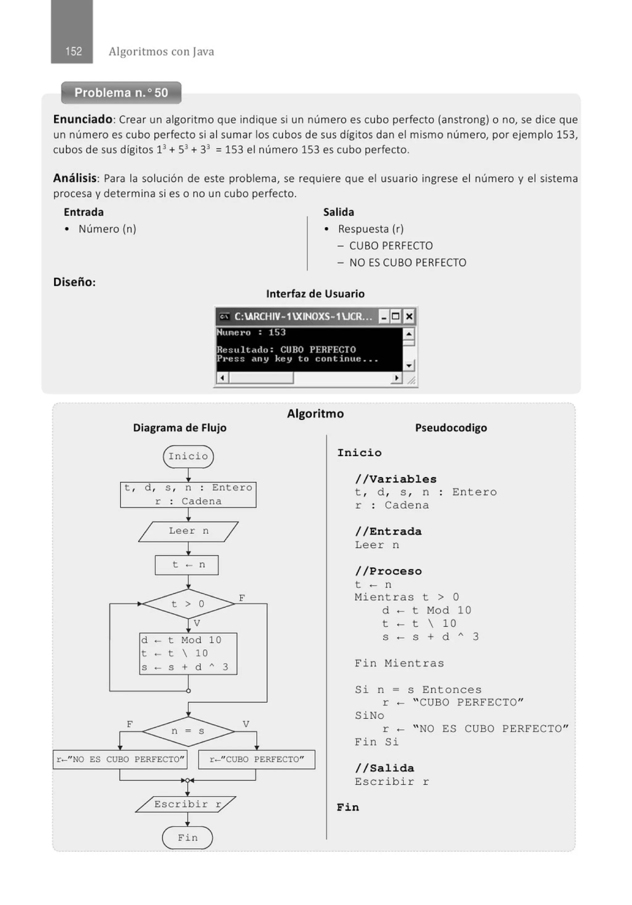 Algoritmos con java
-Problema n.o 50
Enunciado:Crear un algoritmo que indique si un número es cubo perfecto (anstrong) o no, se dice que
un número es cubo perfecto si al sumar los cubos de sus dígitos dan el mismo número, por ejemplo 153,
cubos de sus dígitos 13
+ 53
+ 33
= 153 el número 153 es cubo perfecto.
Análisis: Para la solución de este problema, se requiere que el usuario ingrese el número y el sistema
procesa y determina si es o no un cubo perfecto.
Entrada Salida
• Número (n) • Respuesta (r)
- CUBO PERFECTO
- NO ES CUBO PERFECTO
Diseño:
Interfaz de Usuario
'' C:ARCHIV- 1XINOXS- 1UCR:?!JIII:J E'J
Algoritmo
Diagrama de Flujo
t , d, s , n : Entero
r Cadena
Leer n
t - n
d - t Mod 10
t - t  10
S - S + d A 3
F
r-" NO ES CUBO PERFECTO" r-"CUBO PERFECTO"
Escribir r
Fin
Pseudocodigo
Inicio
//Variables
t , d, s , n Entero
r : Cadena
//Entrada
Leer n
//Proceso
t - n
Mientras t > O
d - t Mod 10
t - t  10
S - S + d " 3
Fin Mientras
Si n = s Entonces
r - " CUBO PERFECTO"
SiNo
r - " NO ES CUBO PERFECTO"
Fin Si
1/Salida
Escribir r
Fin
 