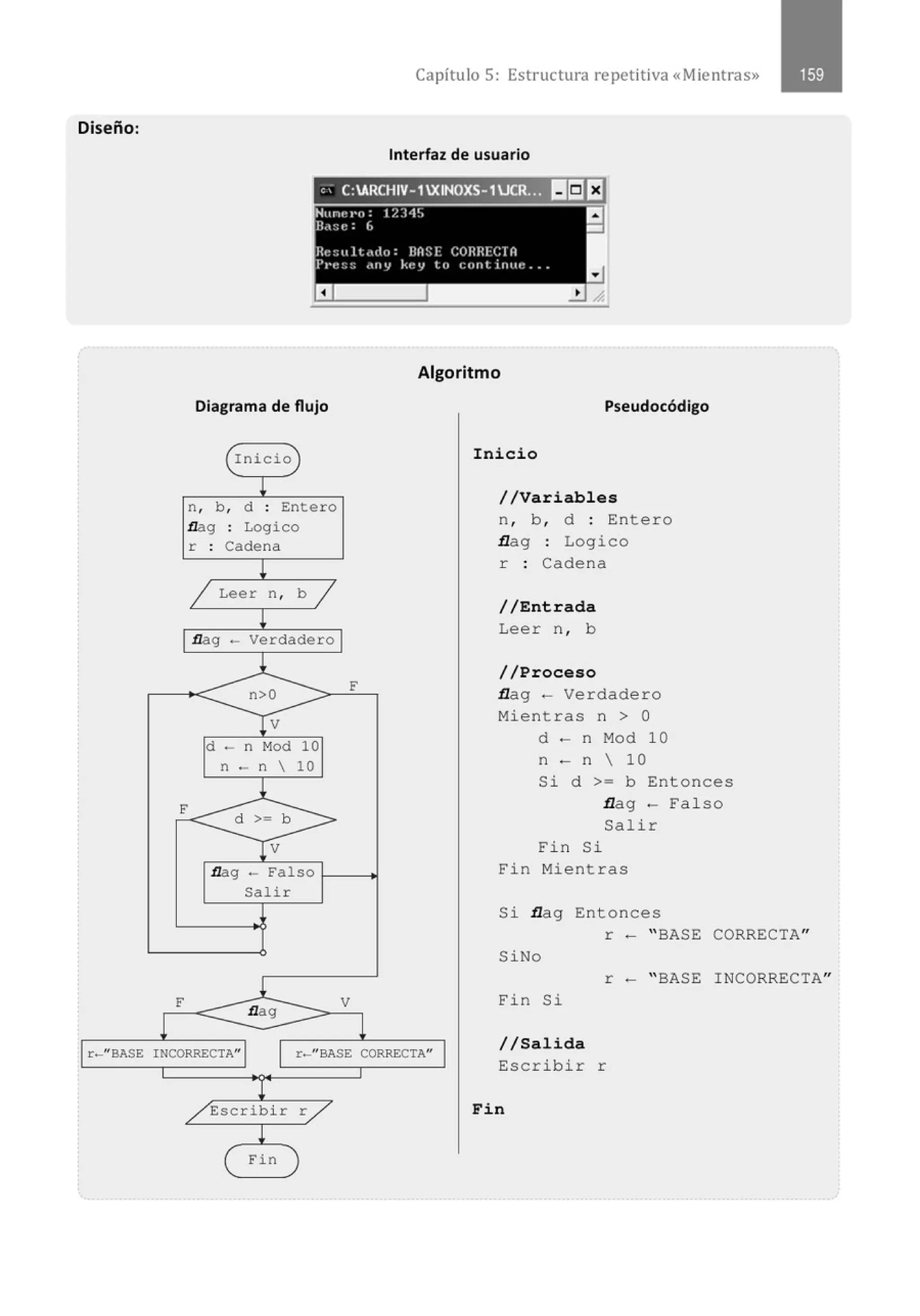 Diseño:
Capítulo 5: Estructura re petitiva «Mientras»
Interfaz de usuario
e' C:ARCHIV- 1XINOXS- 1UCR:~ 1115113
Hunt~t·o: 1/.]4!) l3
Rll~;e: () -
ll""" 1t.ulo : nns..: COHili·:CTn
P1·c~~ <llY kcy to c:(Jntilltle ...
a
Diagrama de flujo
I nicio
n, b, d : Ente ro
flag : Logico
r : Cadena
Leer n, b
flag - verdadero
d - n Mod 10
n - n  10
F
Algoritmo
Pseudocódigo
Inicio
//Variables
n , b , d : Entero
flag : Logico
r : Cadena
//Entrada
Leer n , b
//Proceso
flag - Verdadero
Mientras n > O
d - n Mod 10
n - n  10
F
Si d >= b Entonces
flag - Fal so
Salir
F
flag - Falso f------+1
Sali r
flag
V
Fin Si
Fin Mientras
Si flag Entonces
r - "BASE CORRECTA"
SiNo
r - " BASE INCORRECTA"
Fin Si
r-" BASE INCORRECTA" r-" BASE CORRECTA"
//Salida
Escribir r
Fin
 