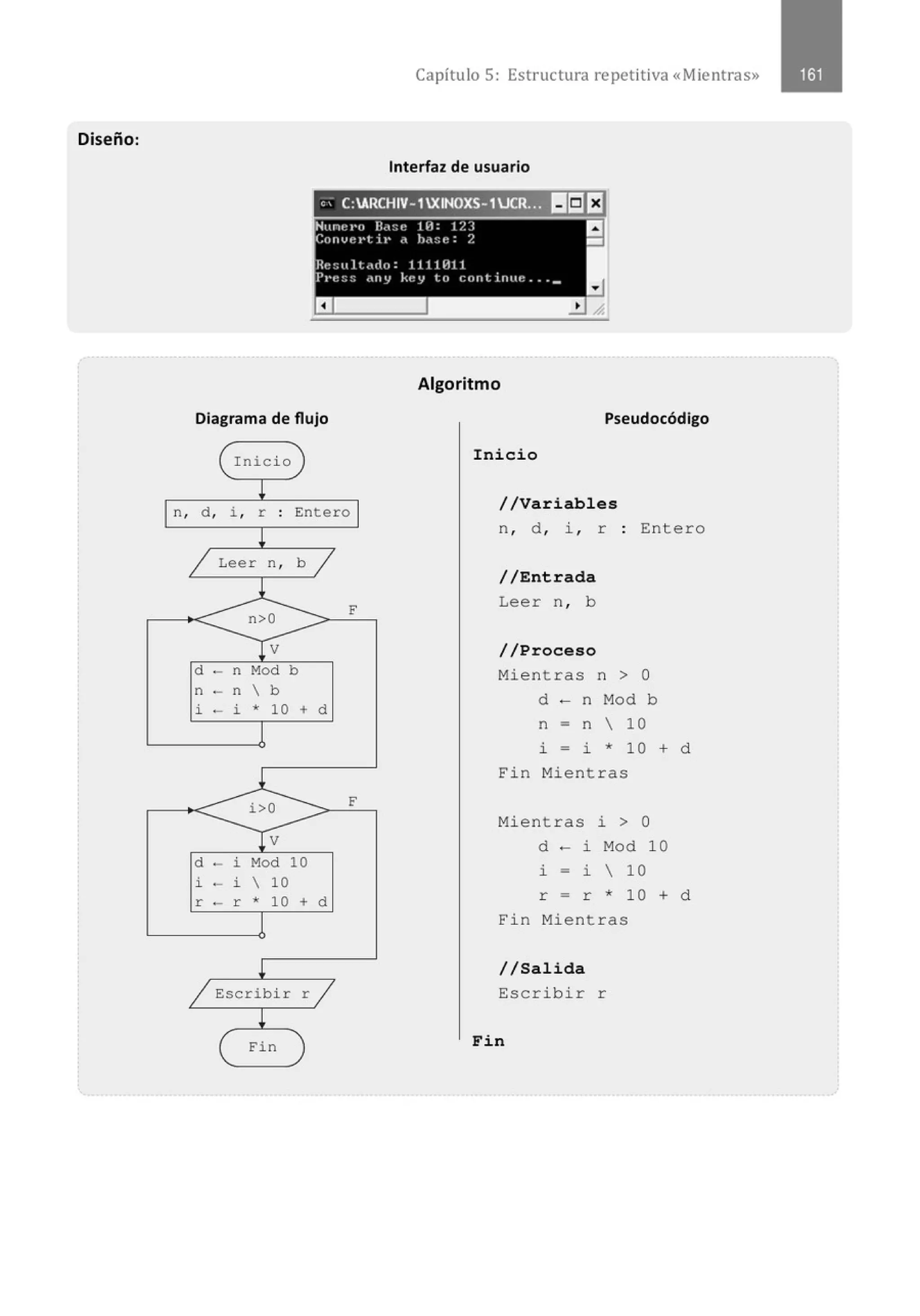 Diseño:
n,
Capítulo 5: Estructura re petitiva «Mientras»
Interfaz de usuario
'' C:ARCHIV- 1XINOXS-1JCR;~., ~¡] EJ
Nttnt~t·o ll.t::t~ tl-1: t?.:-1
Corlvct•tit• d hrl::e: 2
Re:;u) t.ulo: 1111 "11 1
J•t·c~~ <~ltY kcy lo (;llrttirtttc ••• _
a
Algoritmo
a
-
Diagrama de flujo Pseudocódigo
(Inicio
~
d , i , r . Ent ero
.
~
1 Leer n, b /
l
n>O
F
Tv
d - n Mod b
n - n  b
i - i * 10 + d
l
i >O F
Jv
d - i Mod 10
i ·- i  10
r - r * 10 + d
~
j Escribir r /
¡
( Fin
Inicio
//Variables
n , d , i , r : Entero
//Entrada
Leer n , b
//Proceso
Mientras n > O
d - n Mod b
n = n  10
i = i * 10 + d
E'in Mientras
Mientras i > O
d - i Mod 10
i - i  10
r = r * 10 + d
E'in Mientras
//Salida
Escribir r
Fin
 