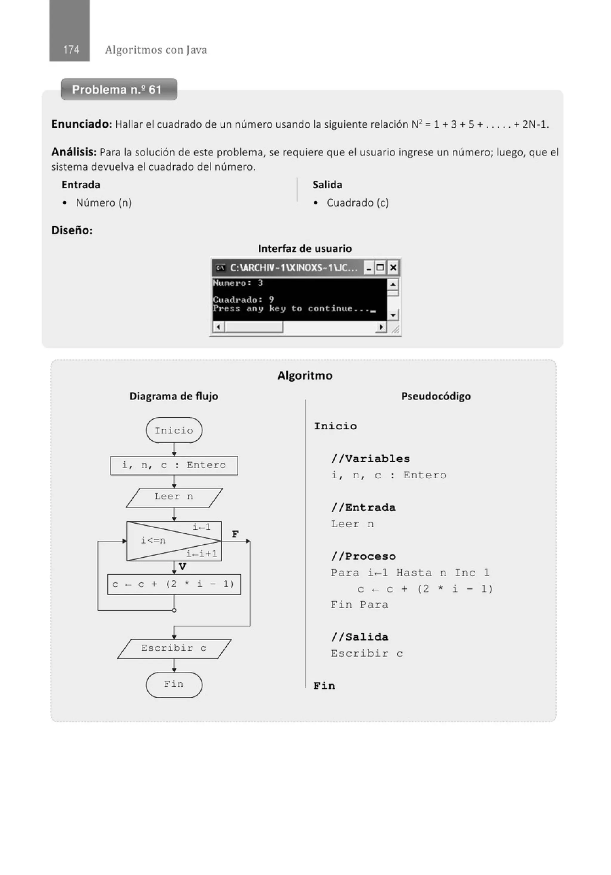 Algoritmos con java
Enunciado: Hallar el cuadrado de un número usando la siguiente relación N2
=1 + 3 + 5 + ... .. + 2N -1.
Análisis: Para la solución de este problema, se requiere que el usuario ingrese un número; luego, que el
sistema devuelva el cuadrado del número.
Entrada Salida
• Número (n) • Cuadrado (e)
Diseño:
Interfaz de usuario
e; C:ARCHIV-1XINOXS-1JC.~'J ll!iJEJ
Diagrama de flujo
Inicio
¡
i , n , e . Entero
.
L
1 Leer n
1
¡
i-1
i< n
F
i-i+l
¡v
e - e + (2 * i - 1 )
1
¡
1 Escribir e
1
¡
( Fi n
Algoritmo
Pseudocódigo
Ini cio
/ / Variables
i , n , e : Entero
//Entrada
Leer n
//Proceso
Para i - 1 Hasta n Inc 1
e - e + (2 * i - 1 l
Fin Para
//Sal ida
Escribir e
Fin
 
